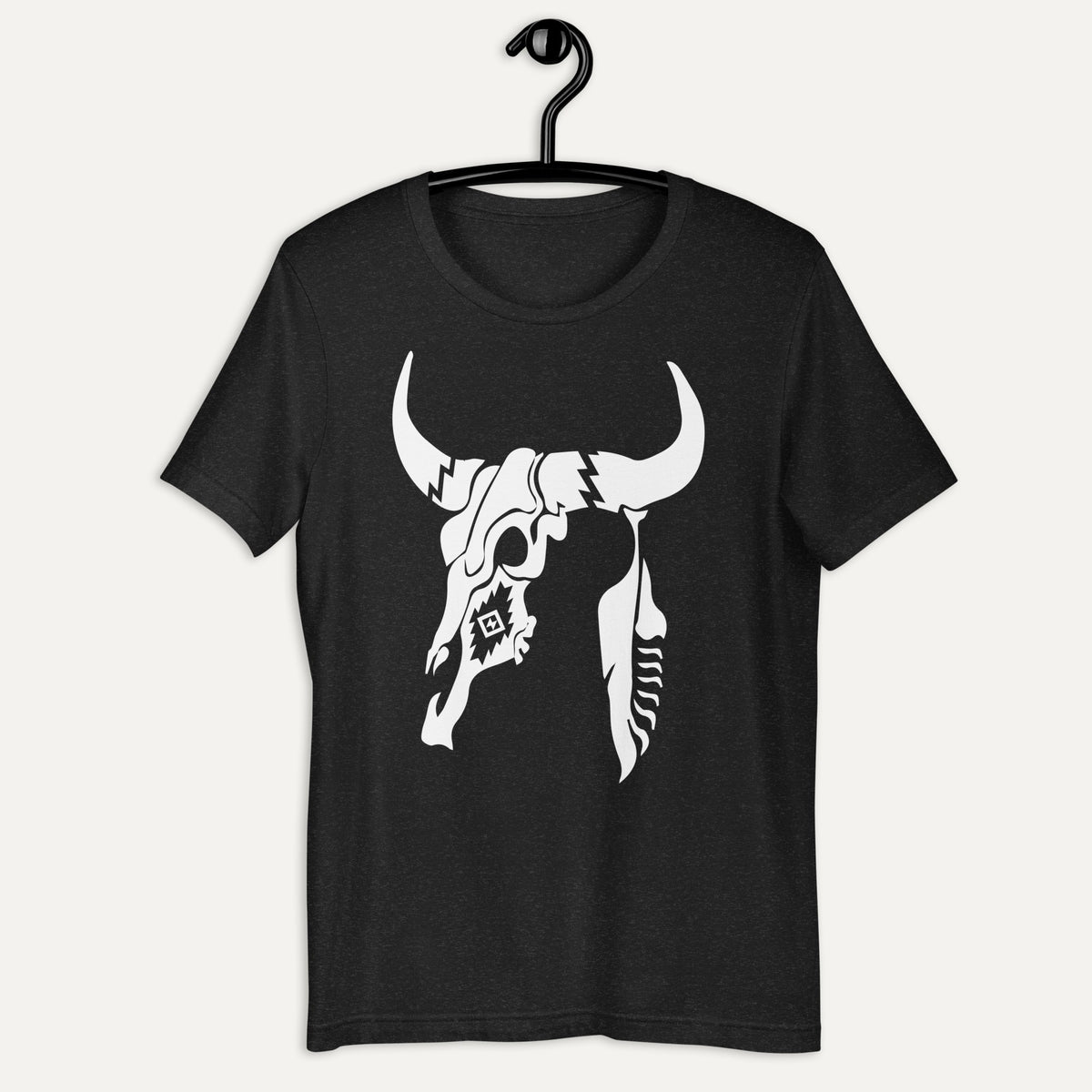Cow Skull And Feather Short Sleeve Tee in Black Heather, on hanger