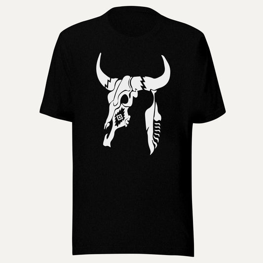 Cow Skull And Feather Short Sleeve Tee in Black Heather, front view