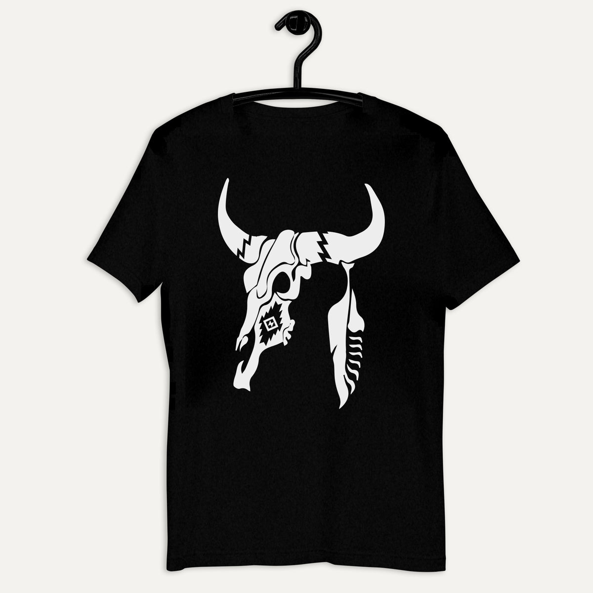 Cow Skull And Feather Short Sleeve Tee in Black Heather, on hanger