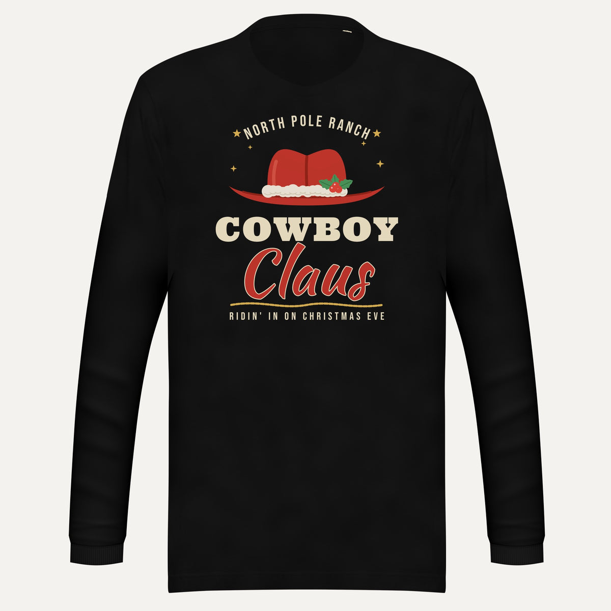 Cowboy Claus Western Christmas Comfort Colors Long Sleeve Tee in Black, front view