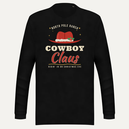 Cowboy Claus Western Christmas Comfort Colors Long Sleeve Tee in Black, front view