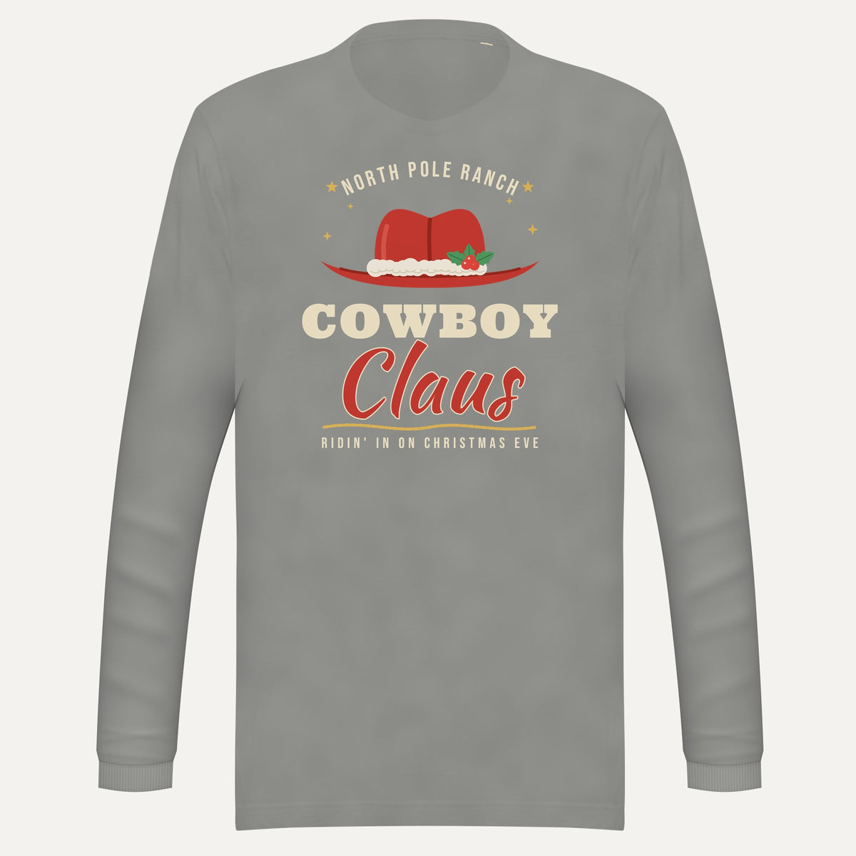 Cowboy Claus Western Christmas Comfort Colors Long Sleeve Tee in Grey, front view