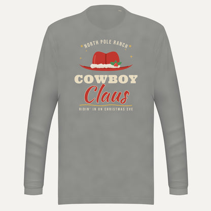 Cowboy Claus Western Christmas Comfort Colors Long Sleeve Tee in Grey, front view