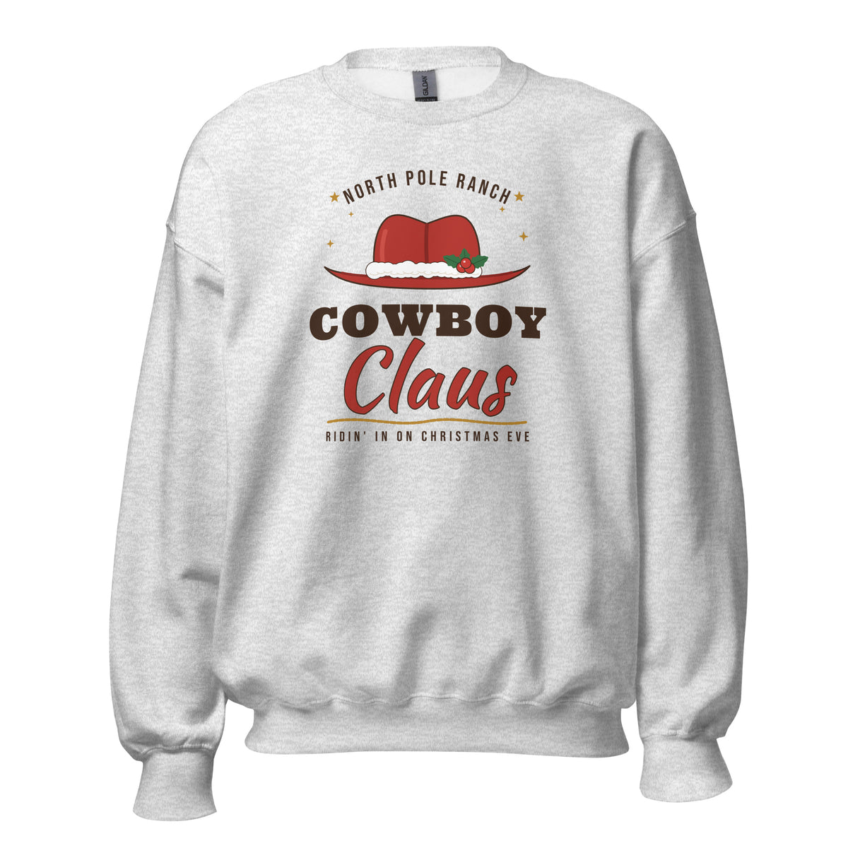 Cowboy Claus Western Christmas Unisex Long Sleeve Sweatshirt in Ash, front view