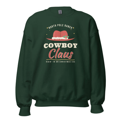 Cowboy Claus Western Christmas Unisex Long Sleeve Sweatshirt in Forest Green, front view