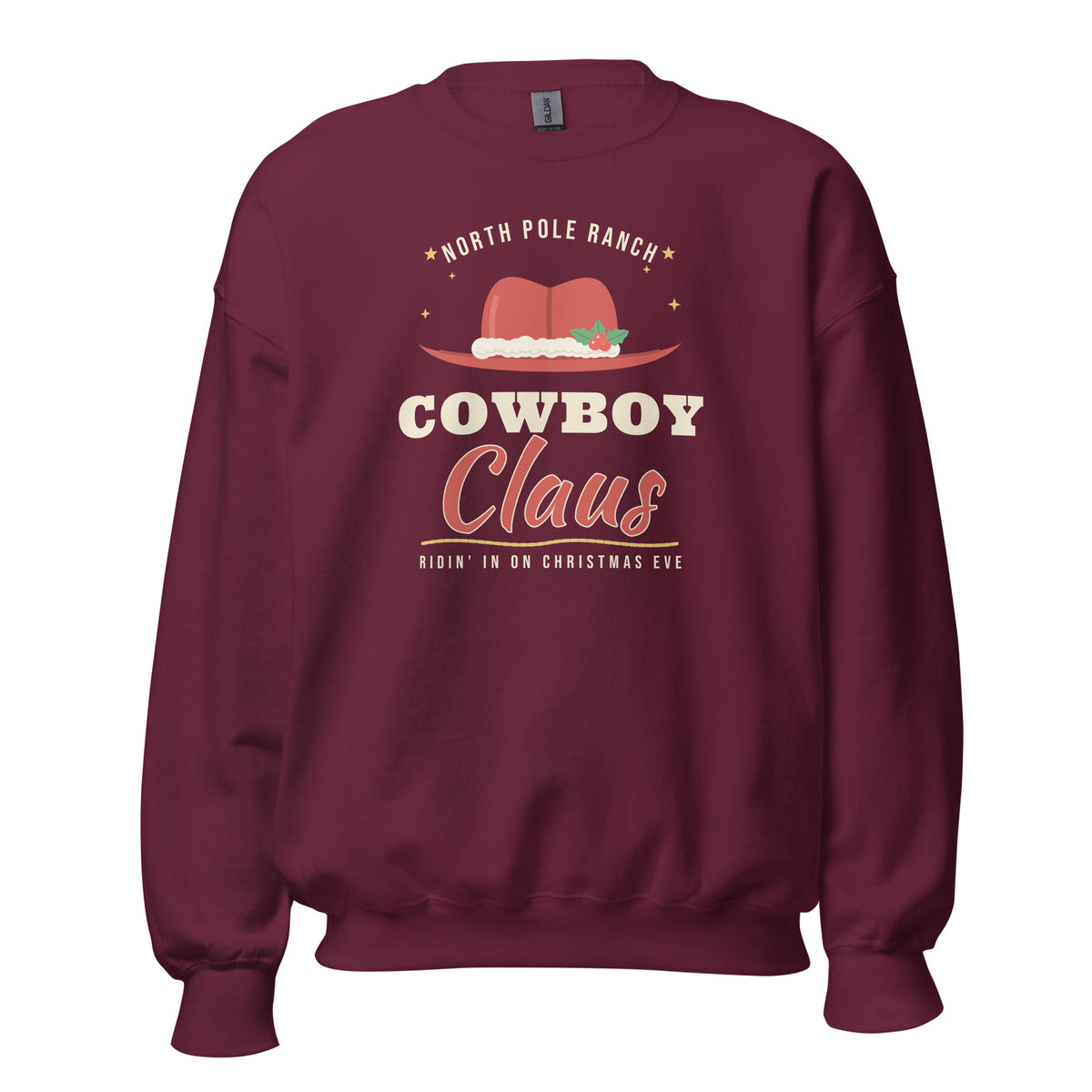 Cowboy Claus Western Christmas Unisex Long Sleeve Sweatshirt in Maroon, front view
