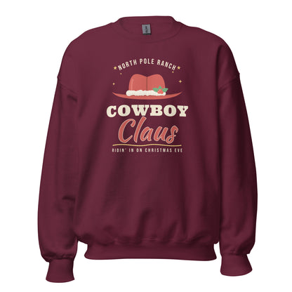 Cowboy Claus Western Christmas Unisex Long Sleeve Sweatshirt in Maroon, front view