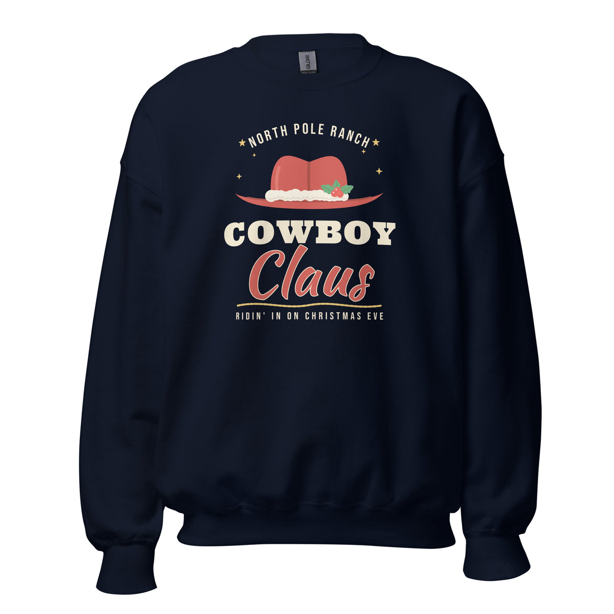 Cowboy Claus Western Christmas Unisex Long Sleeve Sweatshirt in Navy, front view