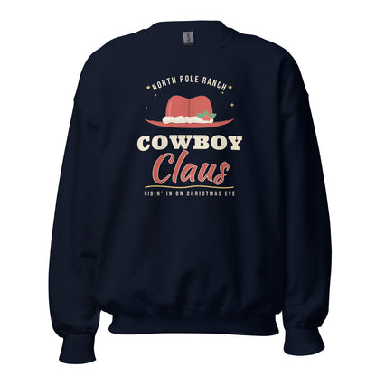 Cowboy Claus Western Christmas Unisex Long Sleeve Sweatshirt in Navy, front view