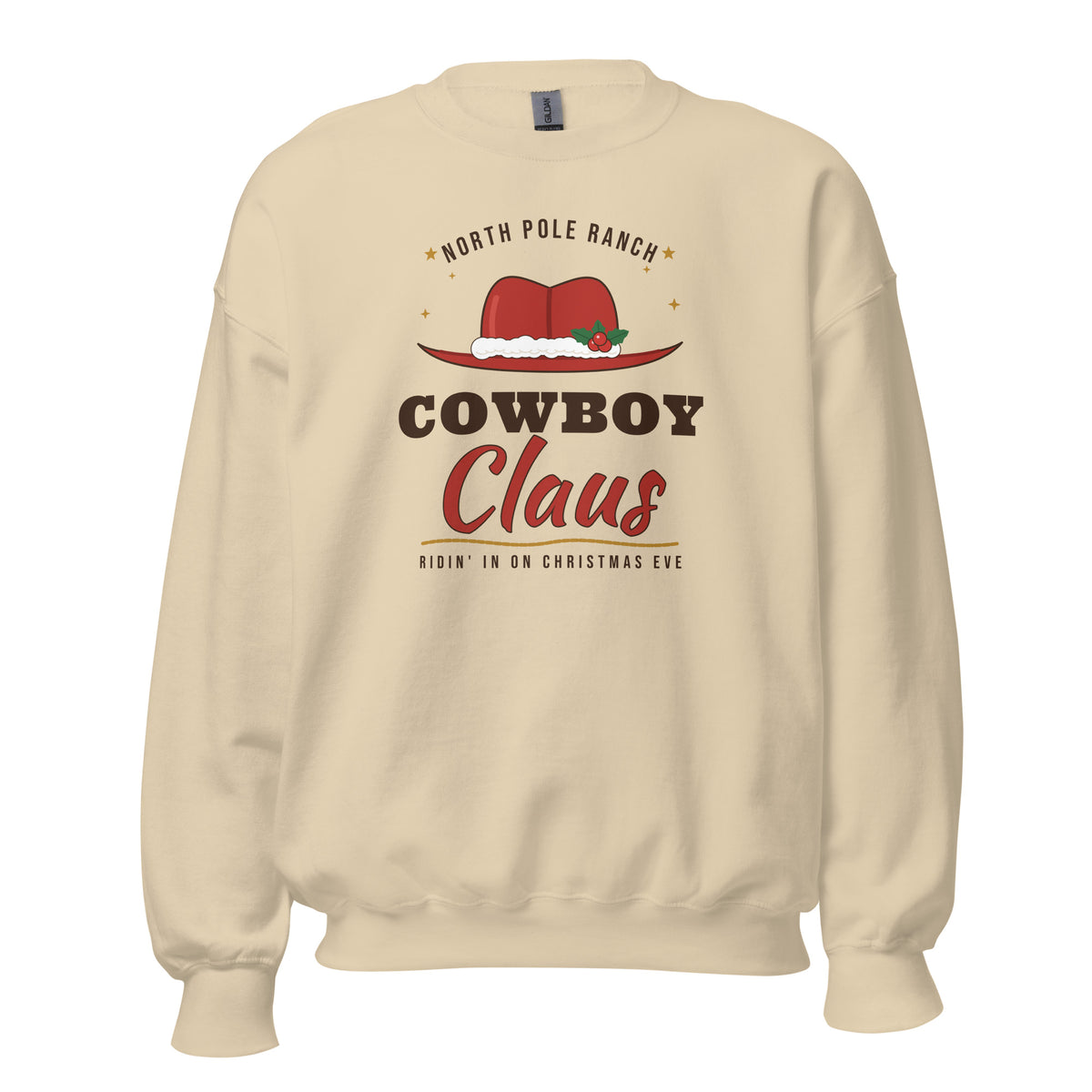 Cowboy Claus Western Christmas Unisex Long Sleeve Sweatshirt in Sand, front view