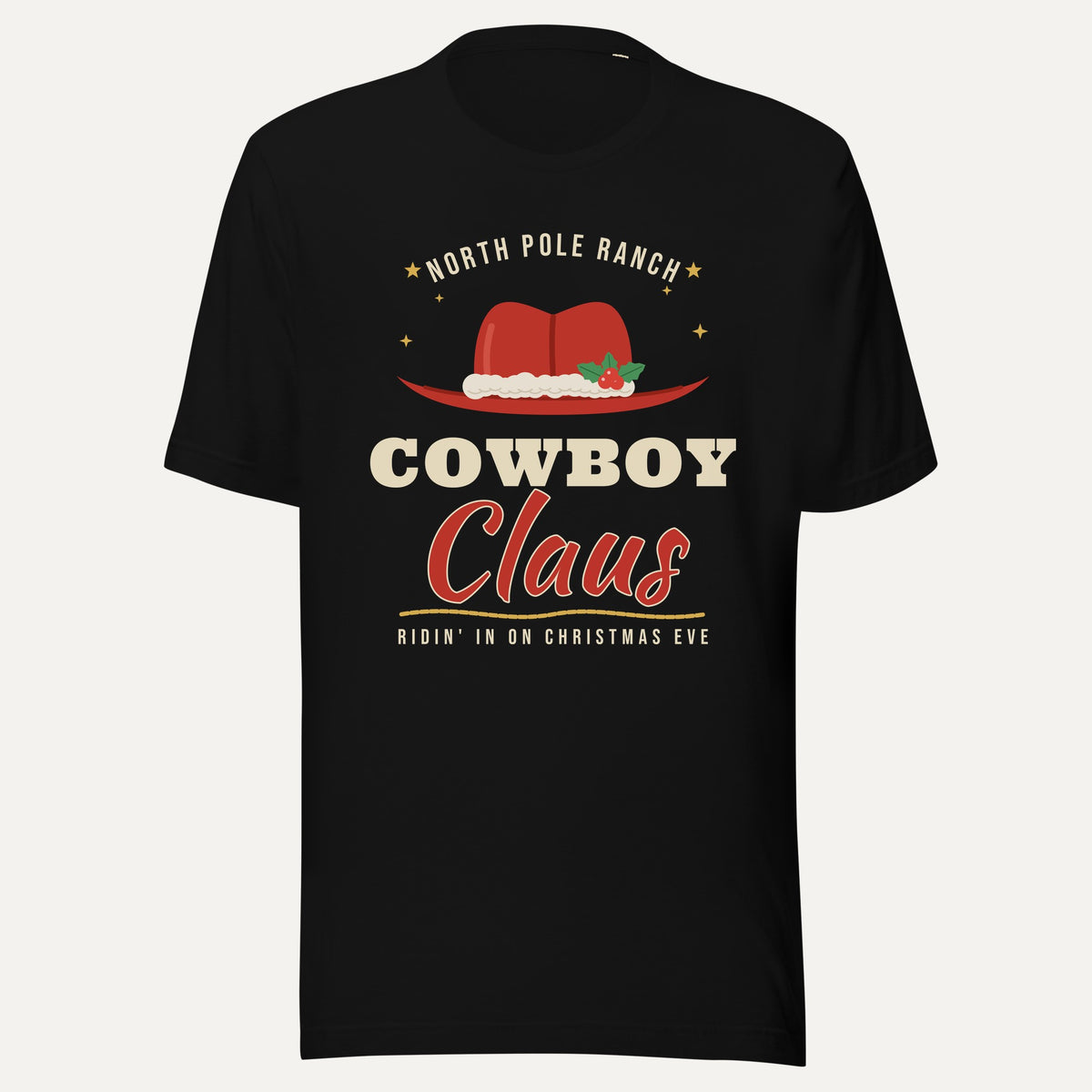 Cowboy Claus Western Christmas Tee in Black, front view