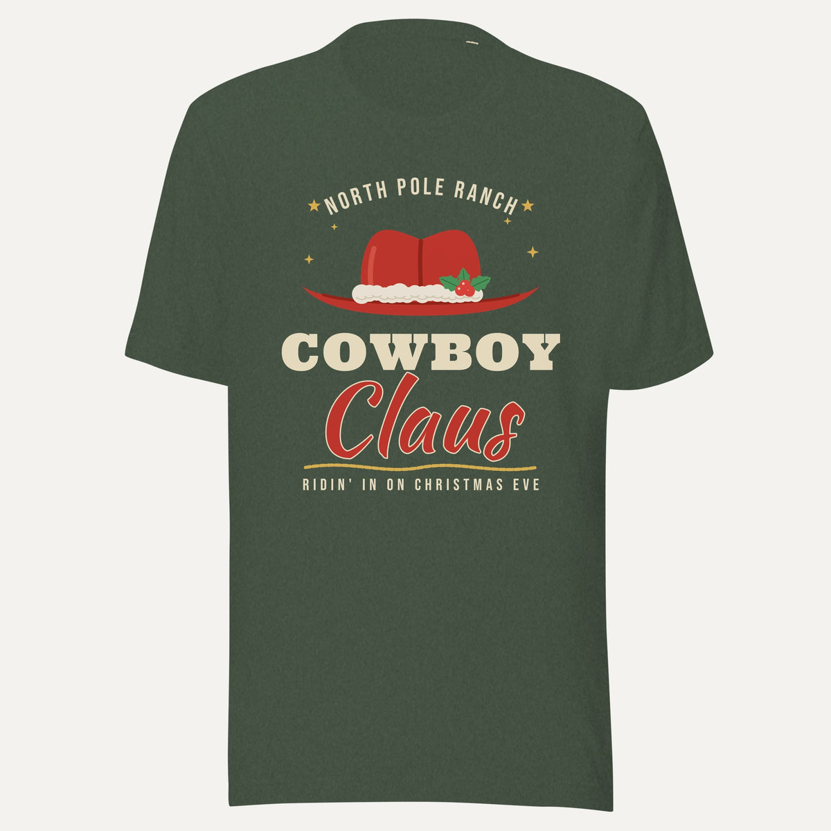 Cowboy Claus Western Christmas Tee in Heather Forest, front view