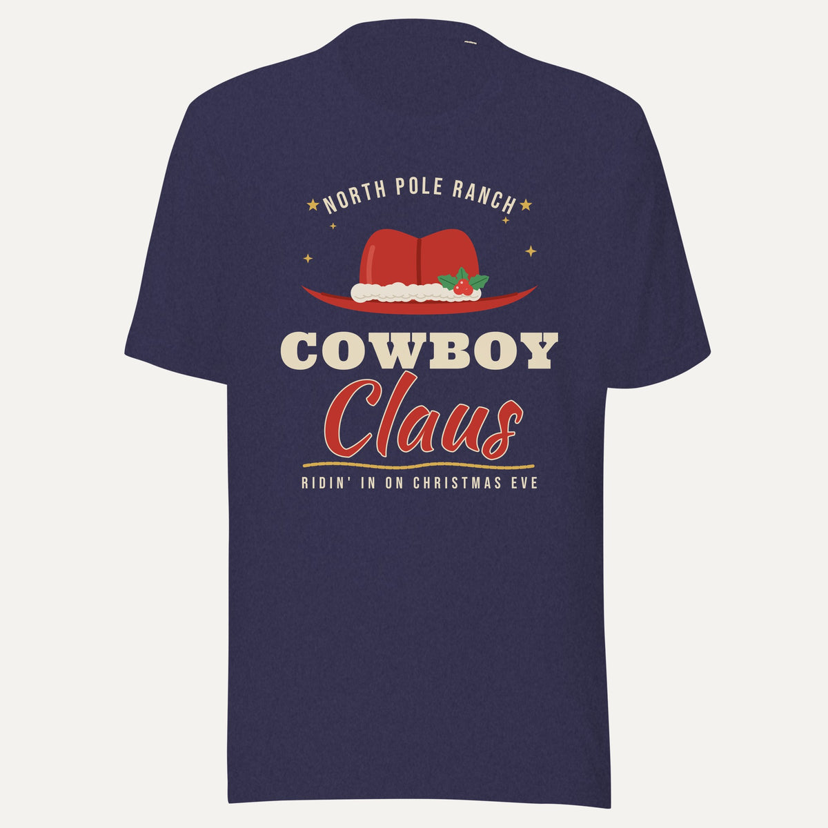 Cowboy Claus Western Christmas Tee in Heather Midnight Navy, front view