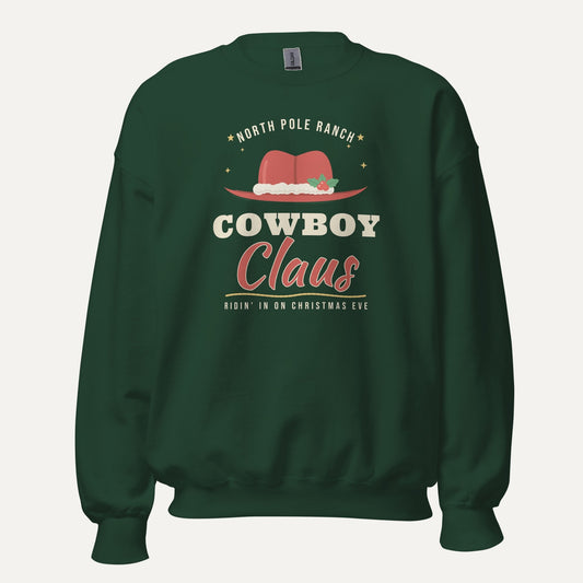 Cowboy Claus Western Christmas Unisex Long Sleeve Sweatshirt in Forest Green, front view