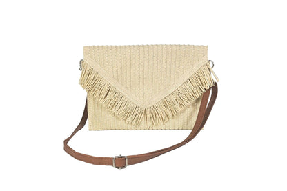 Cream woven straw fringe envelope clutch with brown shoulder strap