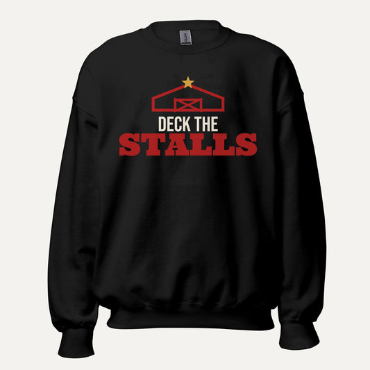 Deck The Stalls Barn Christmas Crewneck Sweatshirt in Black, front view