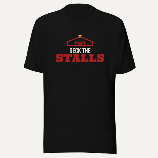 Deck The Stalls Barn Christmas Tee in Black, front view