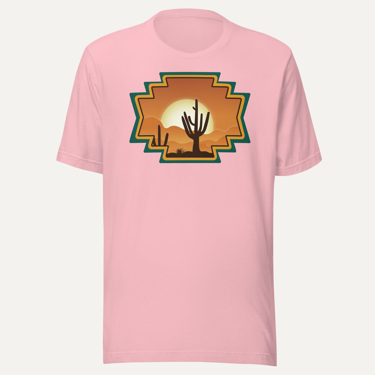Desert Aztec Sunset Short Sleeve Tee in Pink, front view