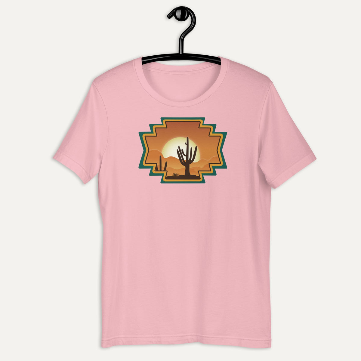 Desert Aztec Sunset Short Sleeve Tee in Pink, on hanger