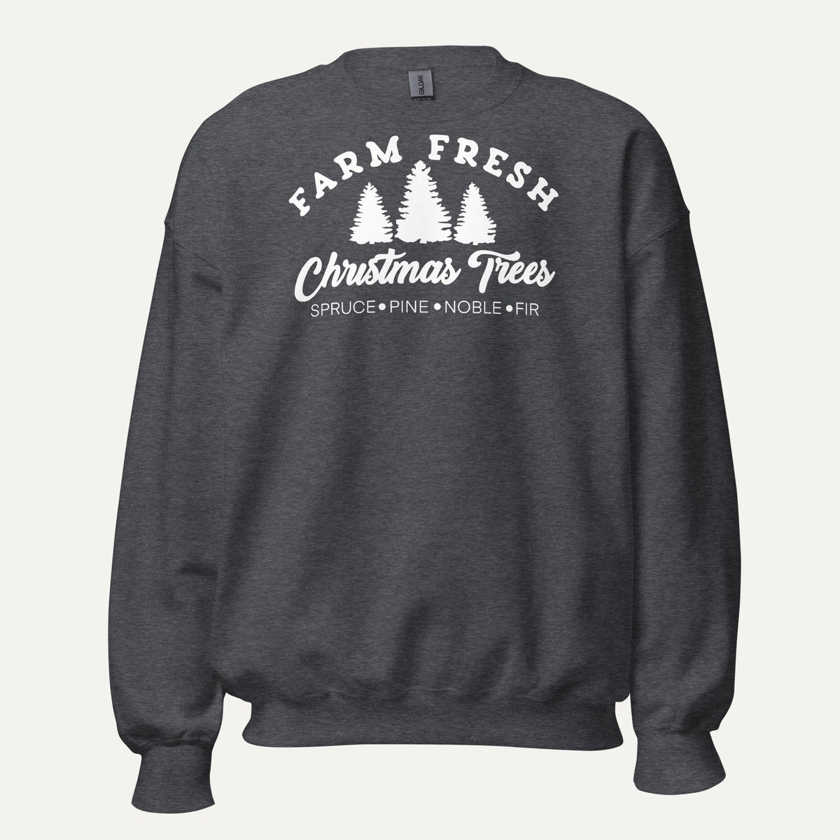 Farm Fresh Christmas Trees Unisex Long Sleeve Sweatshirt in Dark Heather, front view