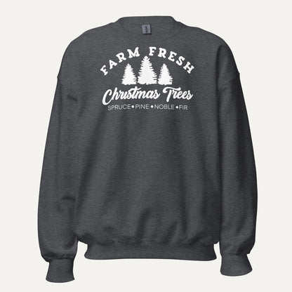 Farm Fresh Christmas Trees Unisex Long Sleeve Sweatshirt in Dark Heather, front view