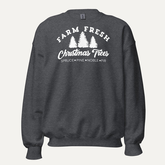 Farm Fresh Christmas Trees Unisex Long Sleeve Sweatshirt in Dark Heather, front view
