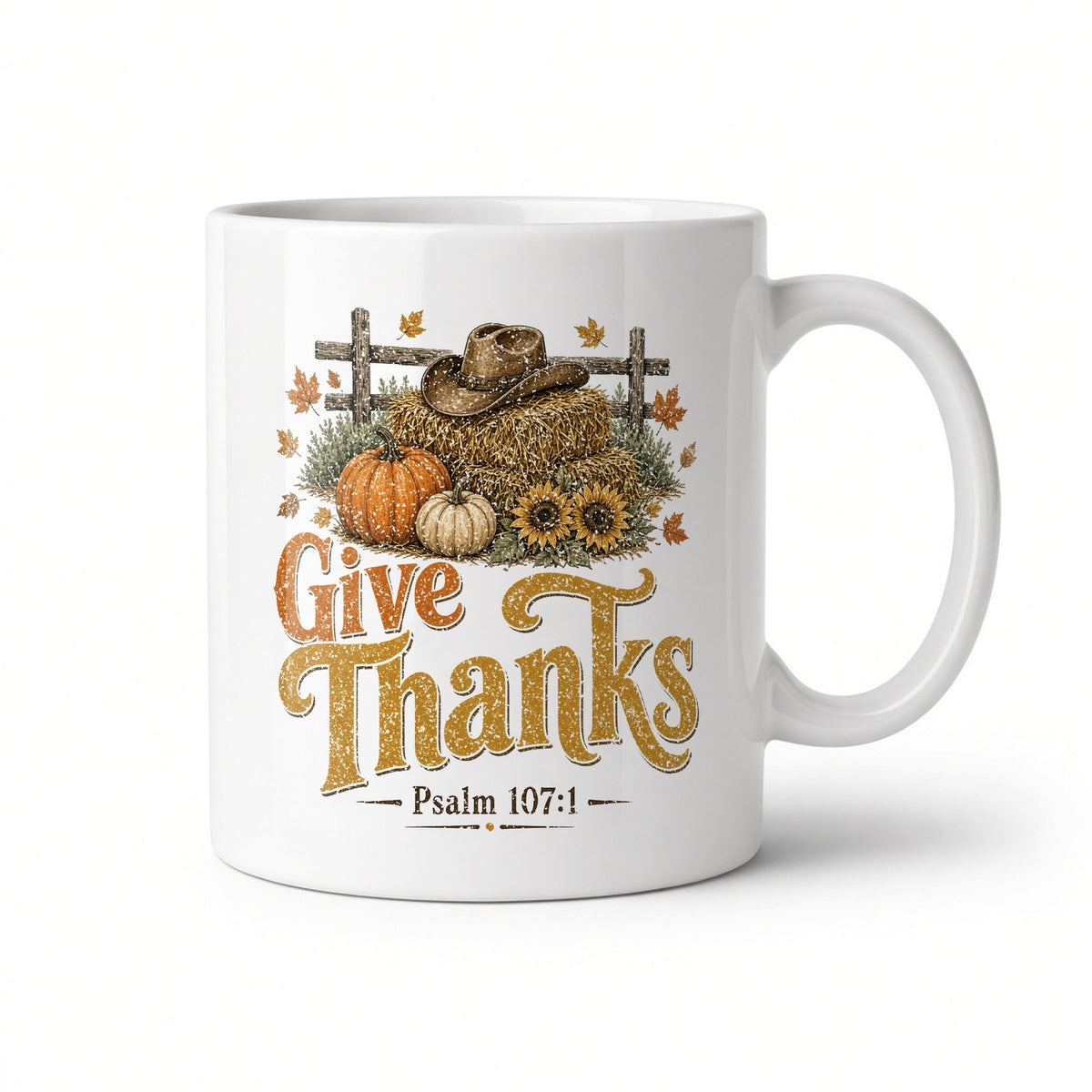 Give Thanks Psalm 107:1 white ceramic mug, handle on the right