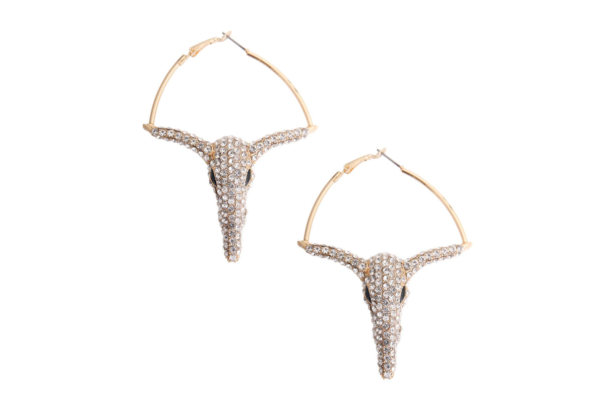 Pair of gold-tone hoop earrings with clear rhinestone longhorn heads