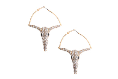 Pair of gold-tone hoop earrings with clear rhinestone longhorn heads