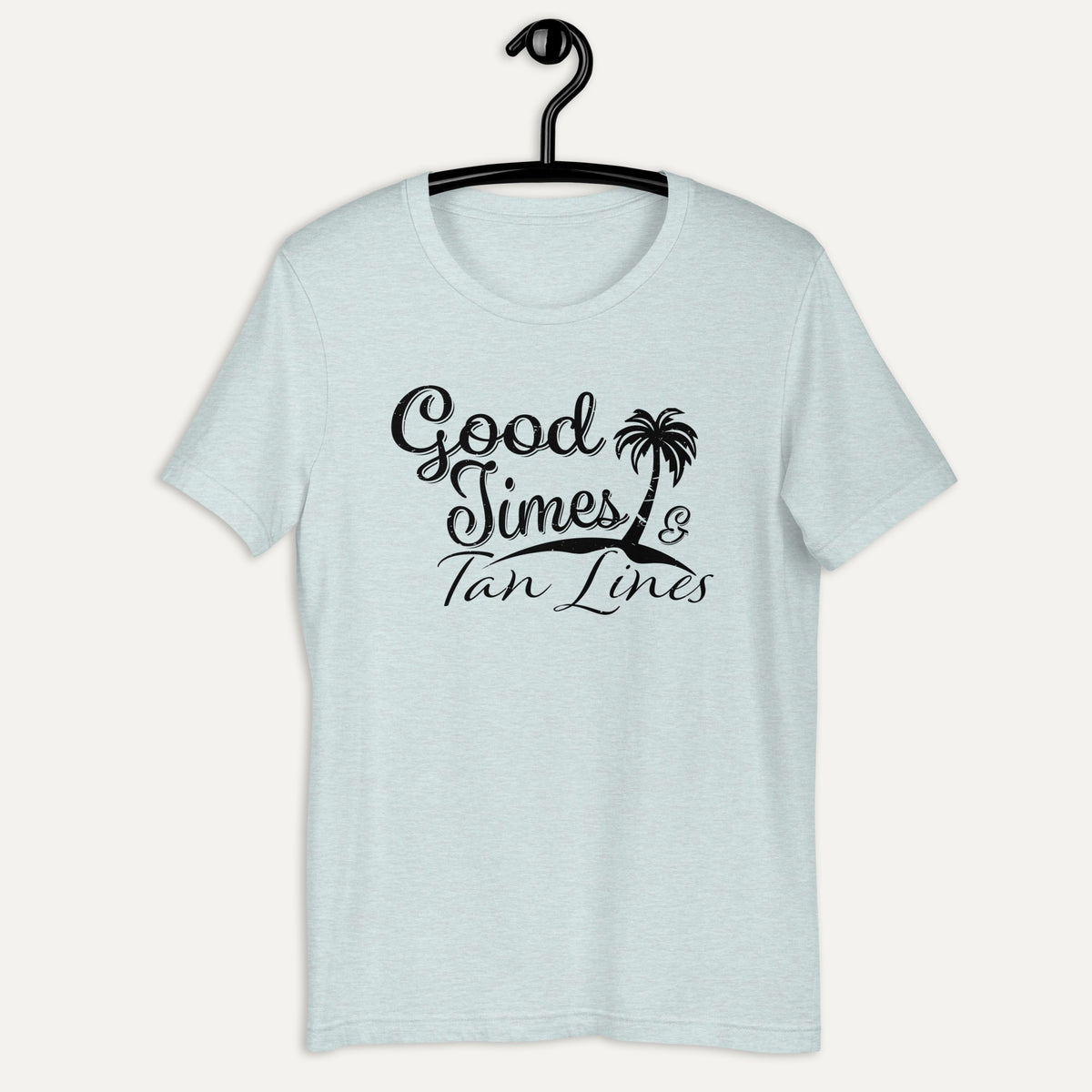 Good Times & Tan Lines Short Sleeve Tee in Heather Prism Ice Blue, on hanger