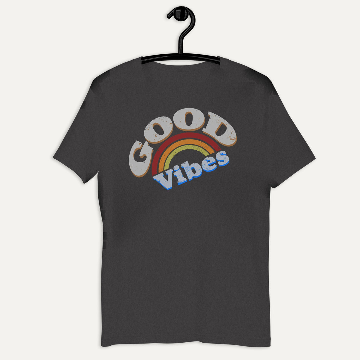 Good Vibes Colorful Short Sleeve Tee in Dark Grey Heather, on hanger