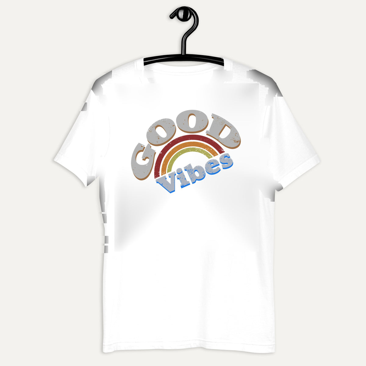 Good Vibes Colorful Short Sleeve Tee in White, on hanger