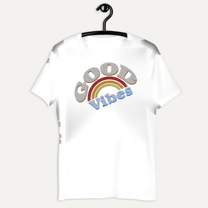 Good Vibes Colorful Short Sleeve Tee in White, on hanger