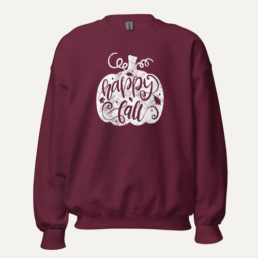 Happy Fall White Pumpkin Unisex Long Sleeve Sweatshirt in Maroon, front view