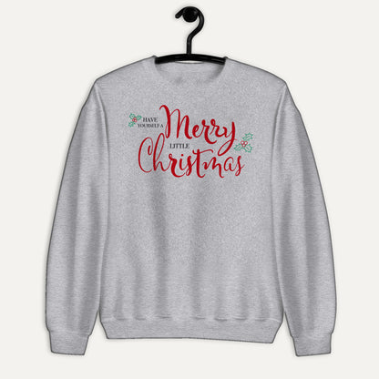 Have Yourself A Merry Little Christmas Holly Berry Unisex Long Sleeve Sweatshirt in Sport Grey, on hanger