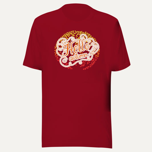 Hello Autumn Colorful Leaves Short Sleeve Tee in Cardinal, front view
