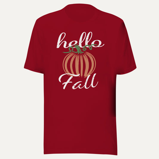 Hello Fall Pumpkin Short Sleeve Tee in Cardinal, front view