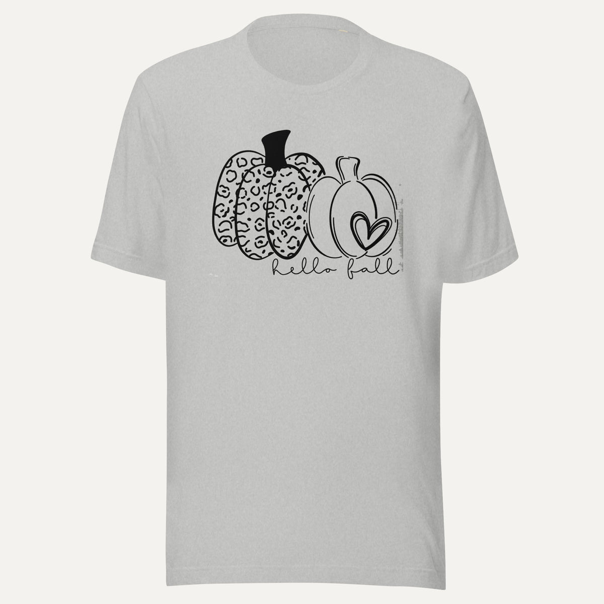 Hello Fall Two Pumpkins With Heart Short Sleeve Tee in Athletic Heather, front view