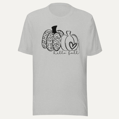 Hello Fall Two Pumpkins With Heart Short Sleeve Tee in Athletic Heather, front view