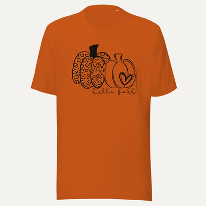 Hello Fall Two Pumpkins With Heart Short Sleeve Tee in Autumn, front view