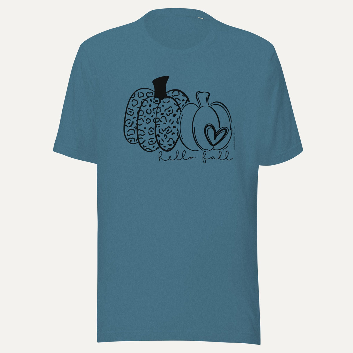 Hello Fall Two Pumpkins With Heart Short Sleeve Tee in Heather Deep Teal, front view