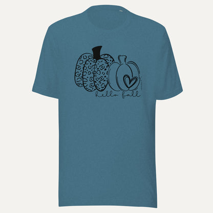 Hello Fall Two Pumpkins With Heart Short Sleeve Tee in Heather Deep Teal, front view