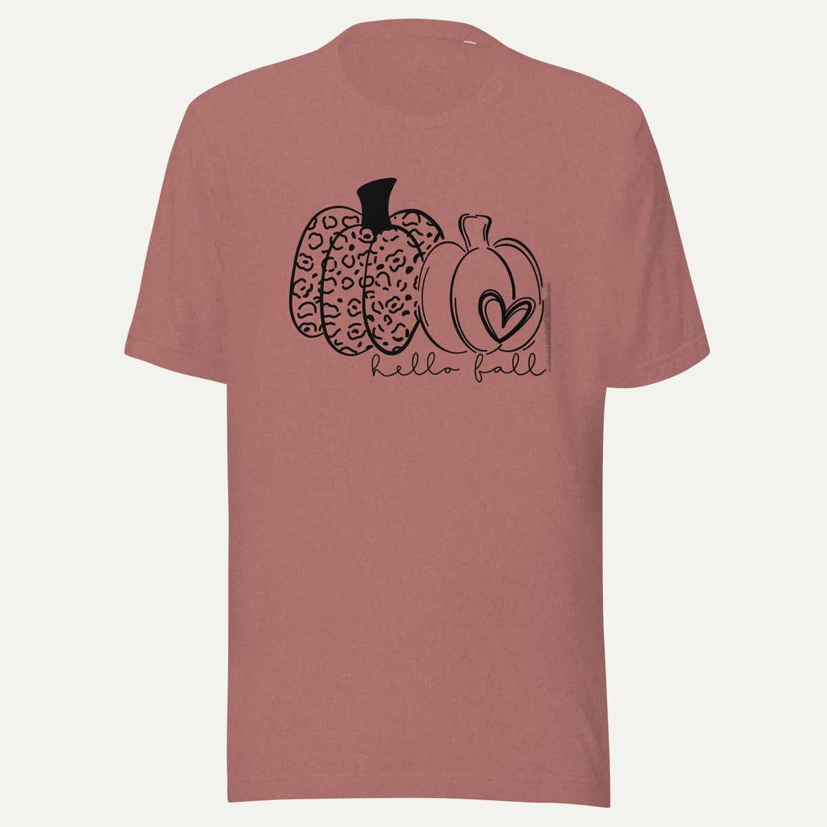 Hello Fall Two Pumpkins With Heart Short Sleeve Tee in Heather Mauve, front view