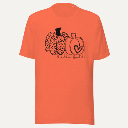 Hello Fall Two Pumpkins With Heart Short Sleeve Tee in Heather Orange, front view