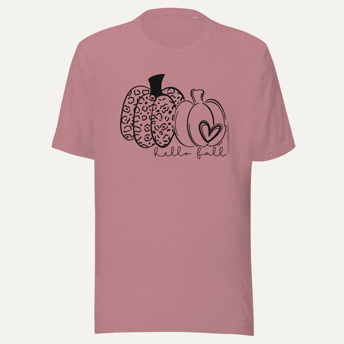Hello Fall Two Pumpkins With Heart Short Sleeve Tee in Heather Orchid, front view