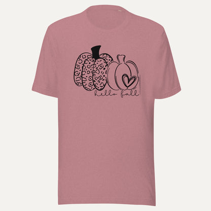 Hello Fall Two Pumpkins With Heart Short Sleeve Tee in Heather Orchid, front view