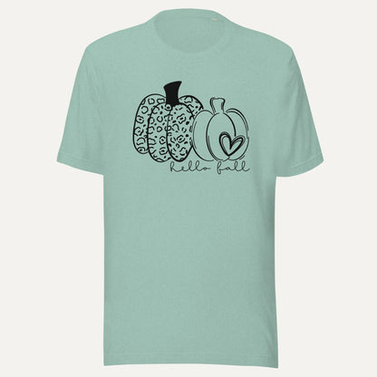 Hello Fall Two Pumpkins With Heart Short Sleeve Tee in Heather Prism Dusty Blue, front view