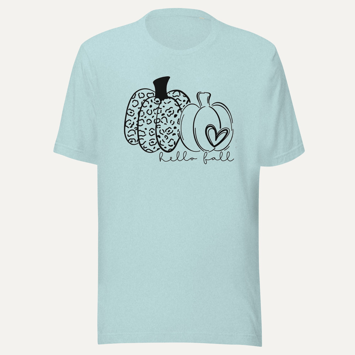 Hello Fall Two Pumpkins With Heart Short Sleeve Tee in Heather Prism Ice Blue, front view