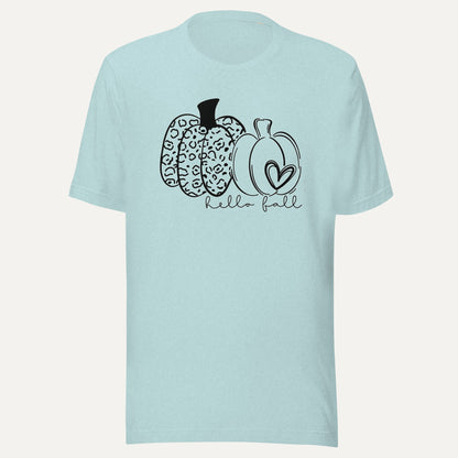 Hello Fall Two Pumpkins With Heart Short Sleeve Tee in Heather Prism Ice Blue, front view