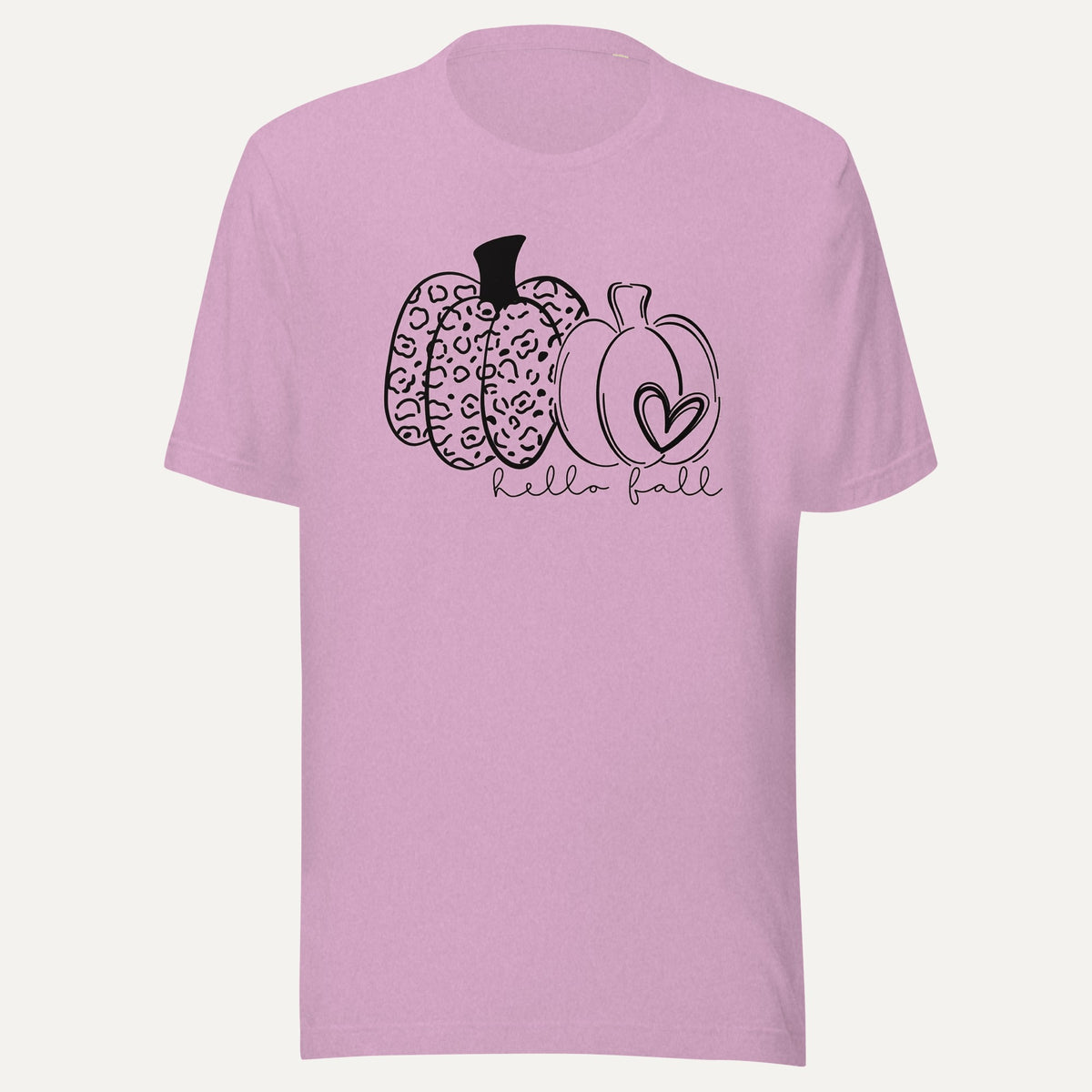 Hello Fall Two Pumpkins With Heart Short Sleeve Tee in Heather Prism Lilac, front view